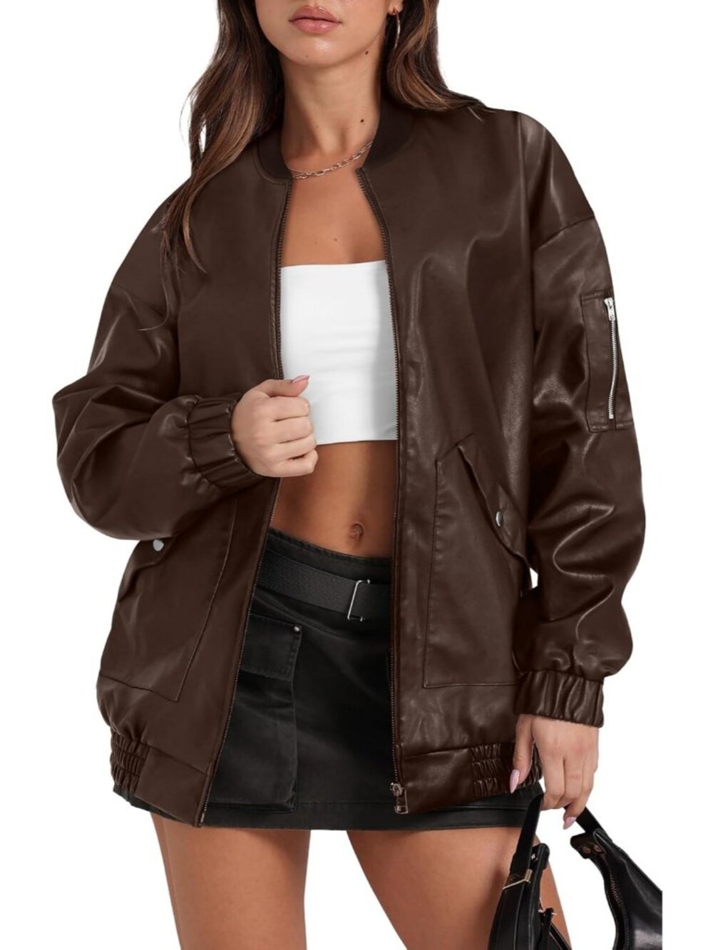 Women Coffee Faux Leather Baggy Oversized ZipUp Classic Motorcycle Bomber Jacket